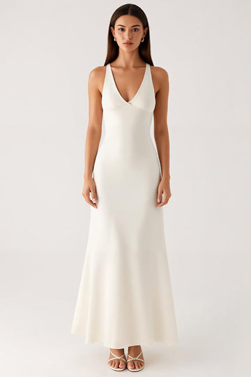 Ivory Sheath V-Neck Ankle-Length Evening Dress